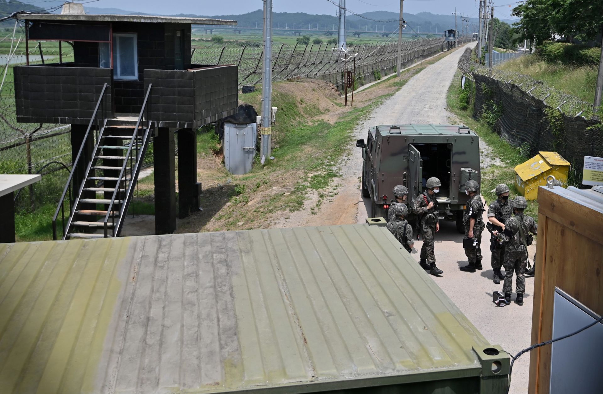 South Korean soldiers gather near a guard post in the border city of Paju, South Korea, on June 17, 2020.