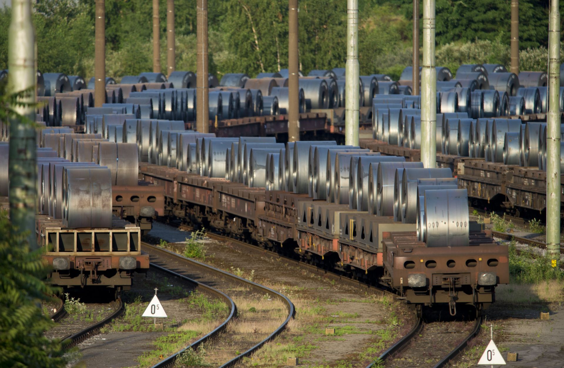 Rail cars loaded with steel sit at the ThyssenKrupp Schwelgern steel plant on May 30, 2018 in Duisburg, Germany. 