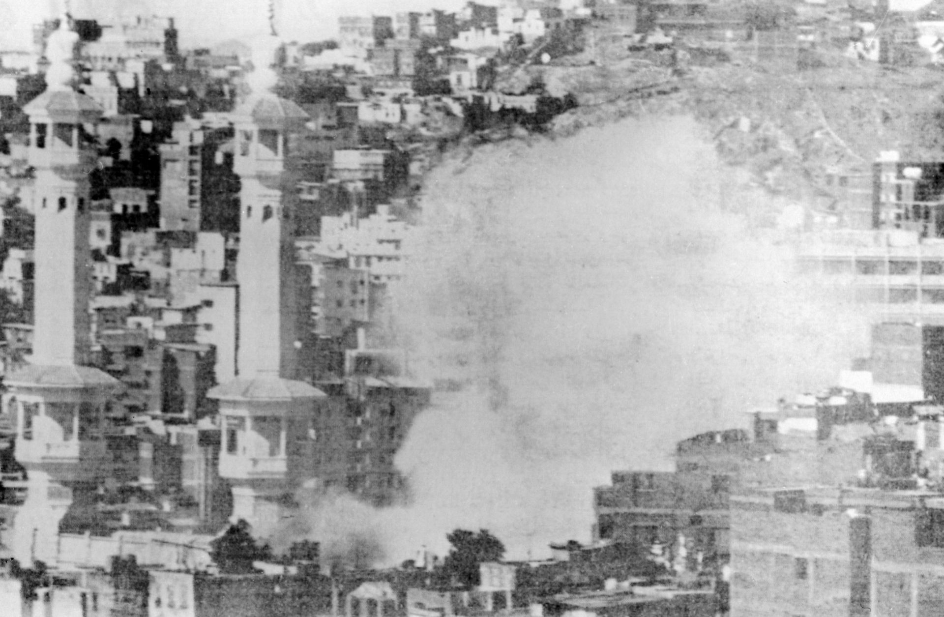 Mecca's Grand Mosque burns in November 1979 during a siege by several hundred Muslim militants seeking to overthrow the House of Saud. The two-week siege moved the Saudi royal family to counter claims it was not "Islamic enough" by fostering an even closer relationship with Wahhabi clerics and their followers.