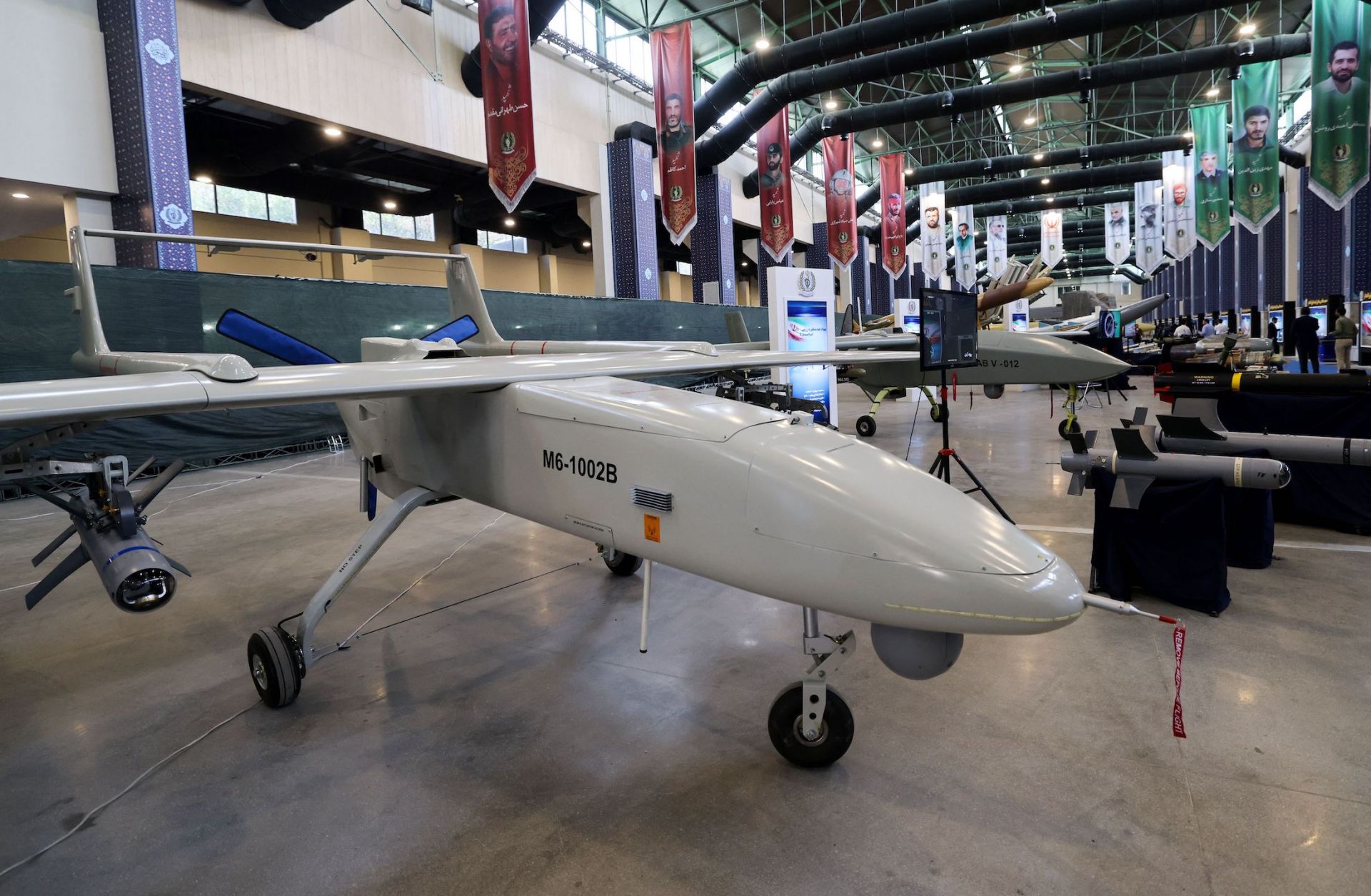The Mohajer 6 drone is displayed on Aug. 23, 2023, in Tehran, Iran.