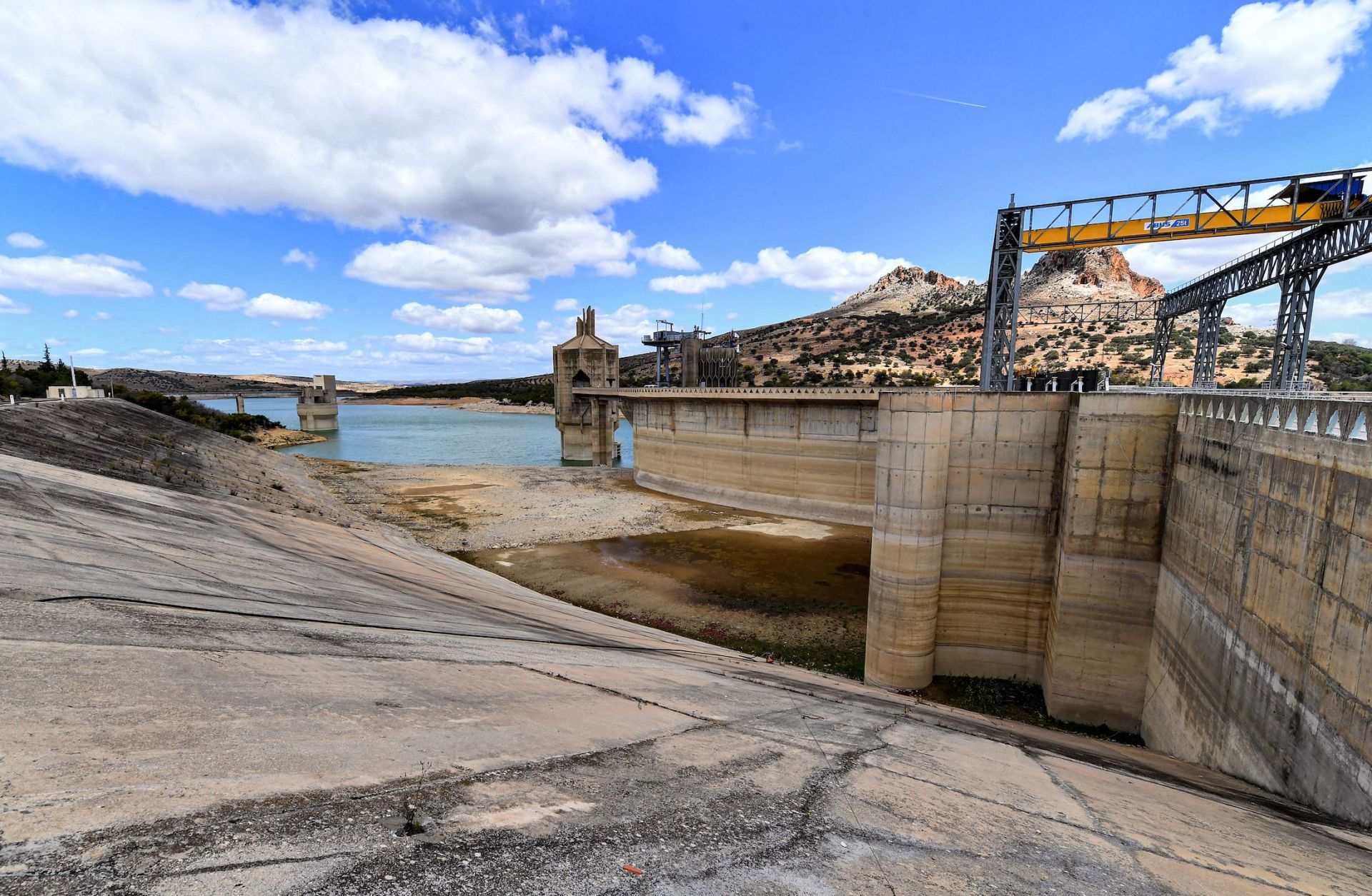 Low water levels are seen at the Sidi Salem Dam, Tunisia's largest embankment dam, on April 6, 2023. 