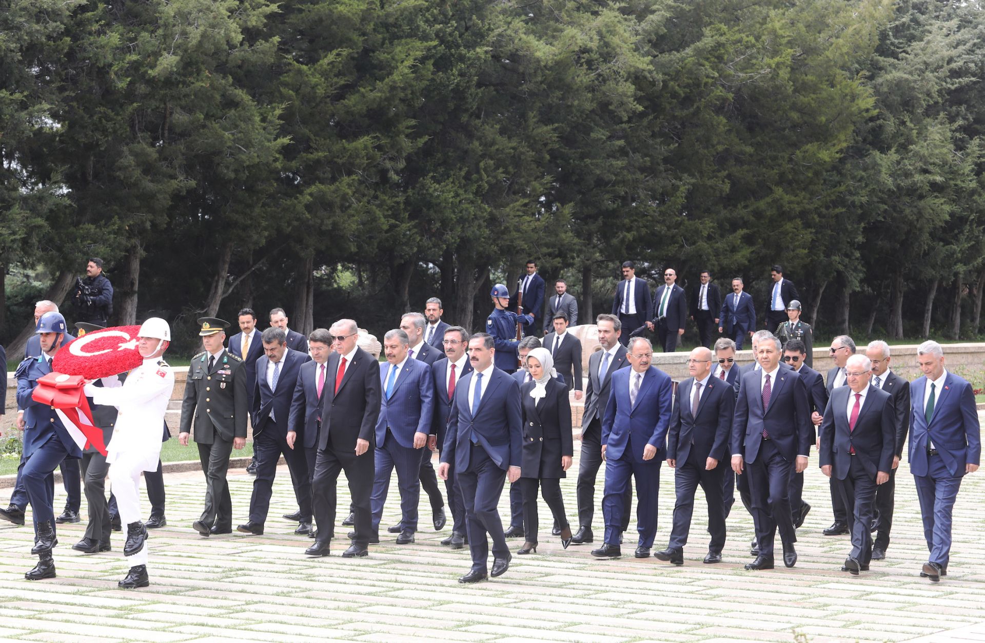 Turkish President Recep Tayyip Erdogan (center left, wearing a red tie) and his newly appointed cabinet members visit the Anıtkabir memorial site in Ankara, Turkey, on June 6, 2023.