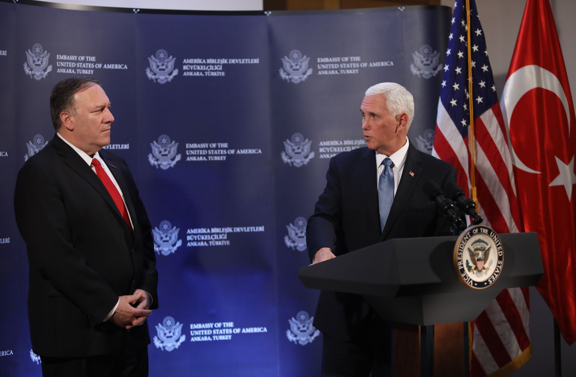 U.S. Secretary of State Mike Pompeo, left, and U.S. Vice President Mike Pence hold a news conference at the U.S. Embassy in Ankara, Turkey, on Oct. 17, 2019.