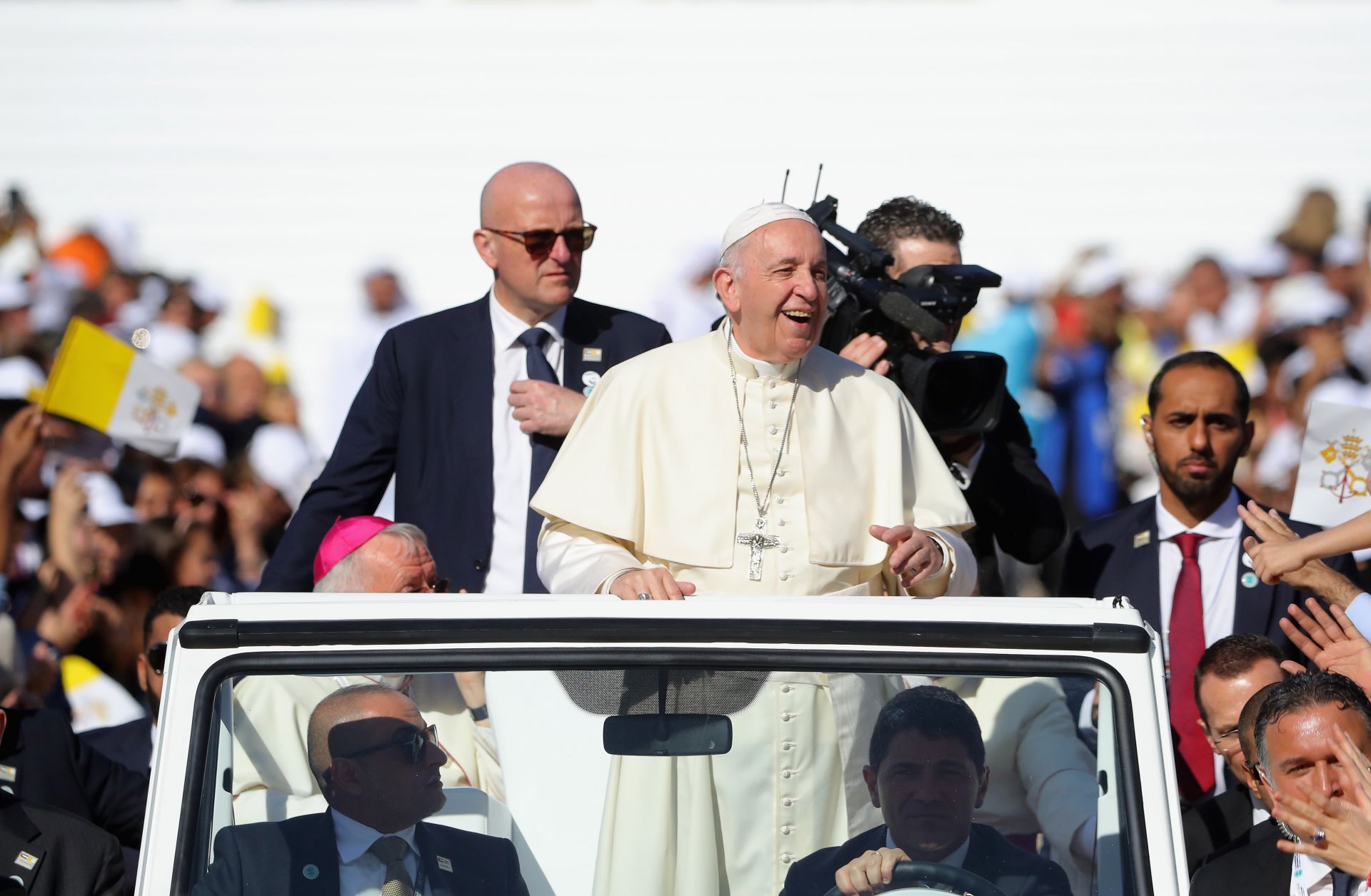 Pope Francis arrives to celebrate Mass at Zayed Sports City Stadium in Abu Dhabi, United Arab Emirates, on Feb. 5, 2019.