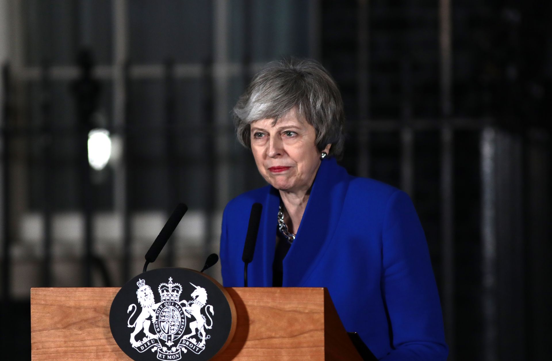 British Prime Minister Theresa May addresses the media at number 10 Downing street after her government defeated a vote of no confidence in the House of Commons, Jan. 16. 