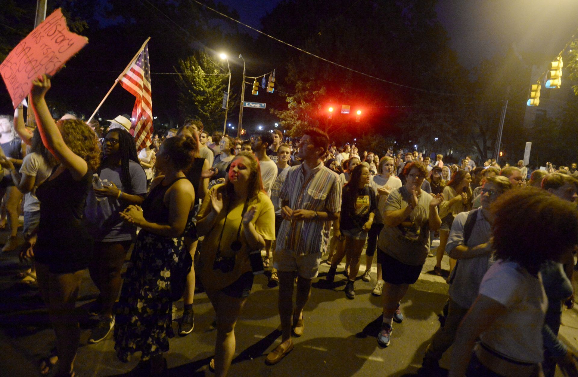 Protesters rally for the removal of a Confederate statue known as Silent Sam from the campus of the University of North Carolina in Chapel Hill on Aug. 22, 2017.