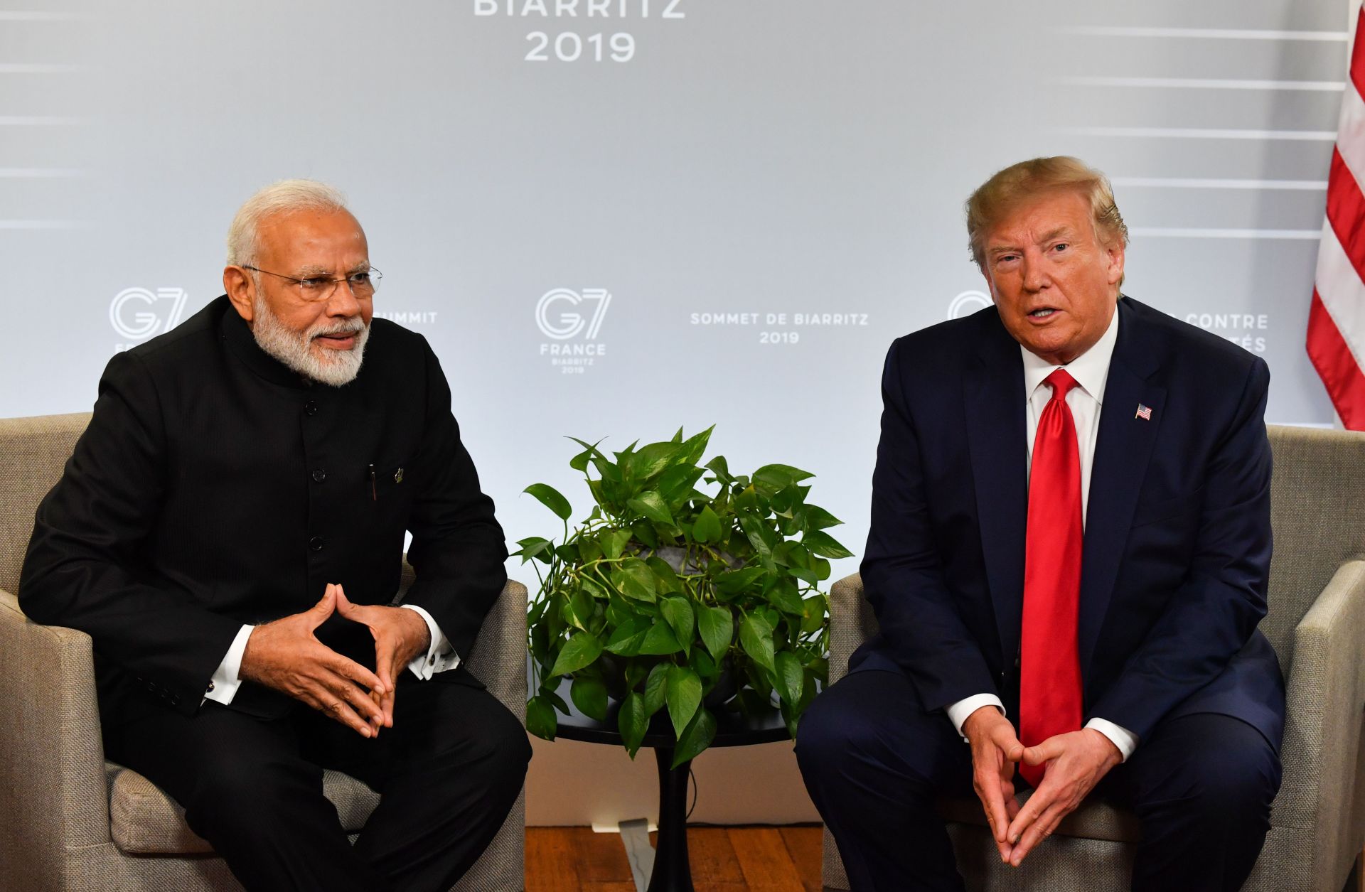 Indian Prime Minister Narendra Modi, left, and U.S. President Donald Trump speak during a bilateral meeting in Biarritz, France, on Aug. 26, 2019, on the third day of the annual G-7 summit.