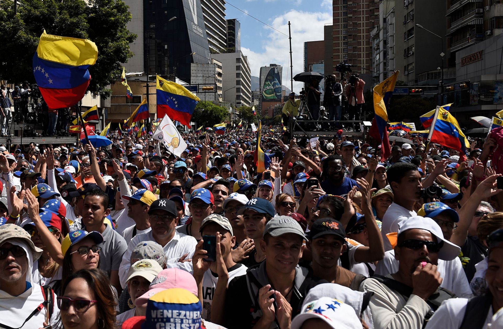 Supporters of Venezuelan opposition leader Juan Guaido take part in a rally to let in U.S. humanitarian aid, in Caracas on Feb. 12, 2019.