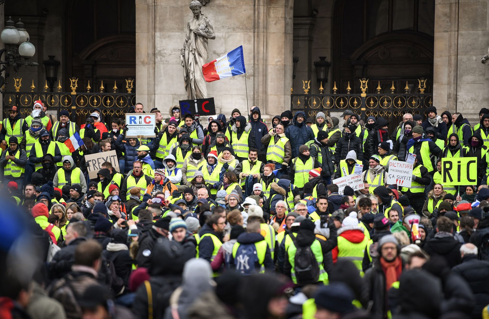 Yellow vest protesters gather at the Place de l'Opera in Paris on Dec. 15, 2018.