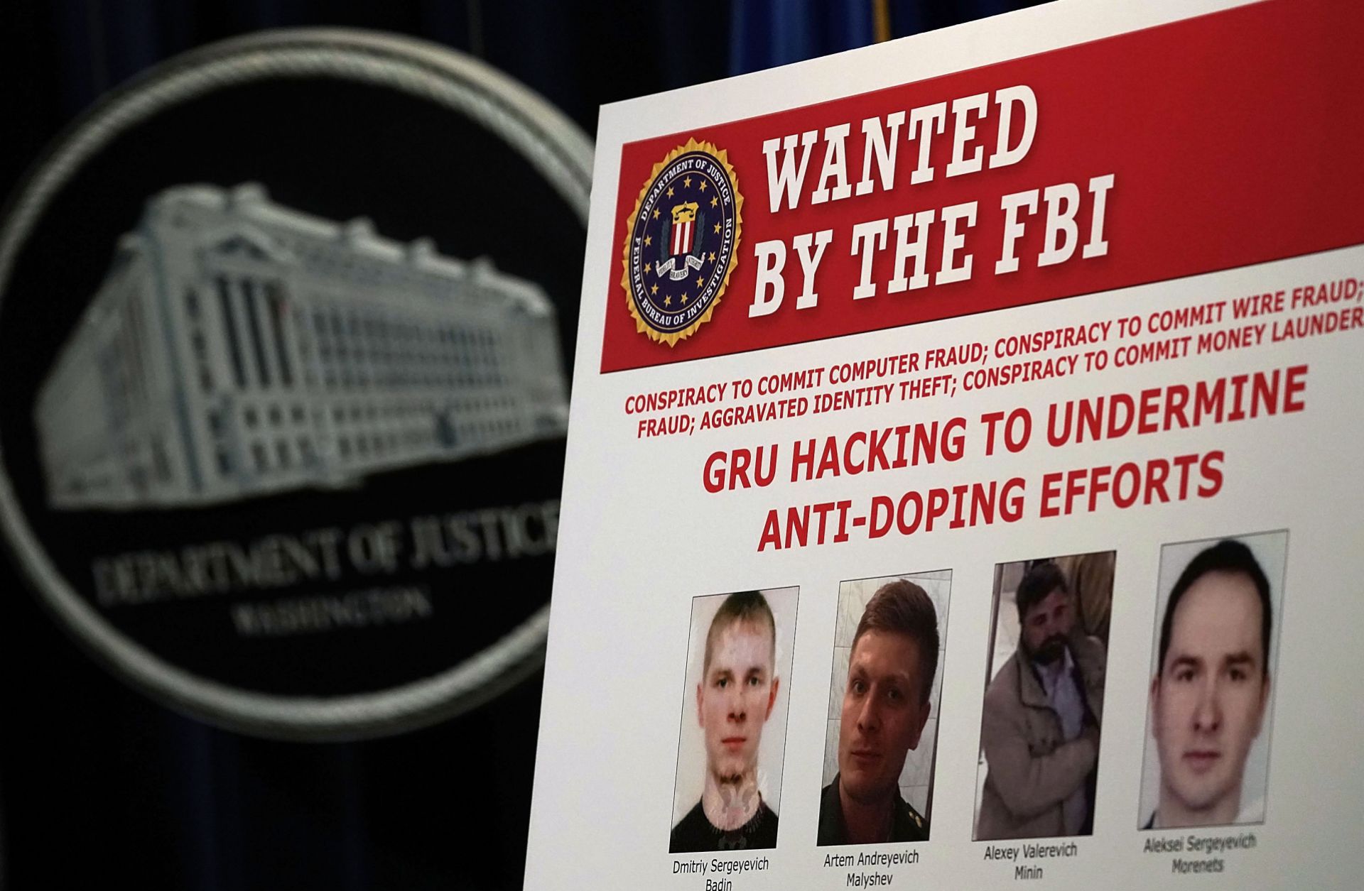 An FBI 'Wanted' poster shows several members of the Russian military intelligence service on Oct. 4, 2018