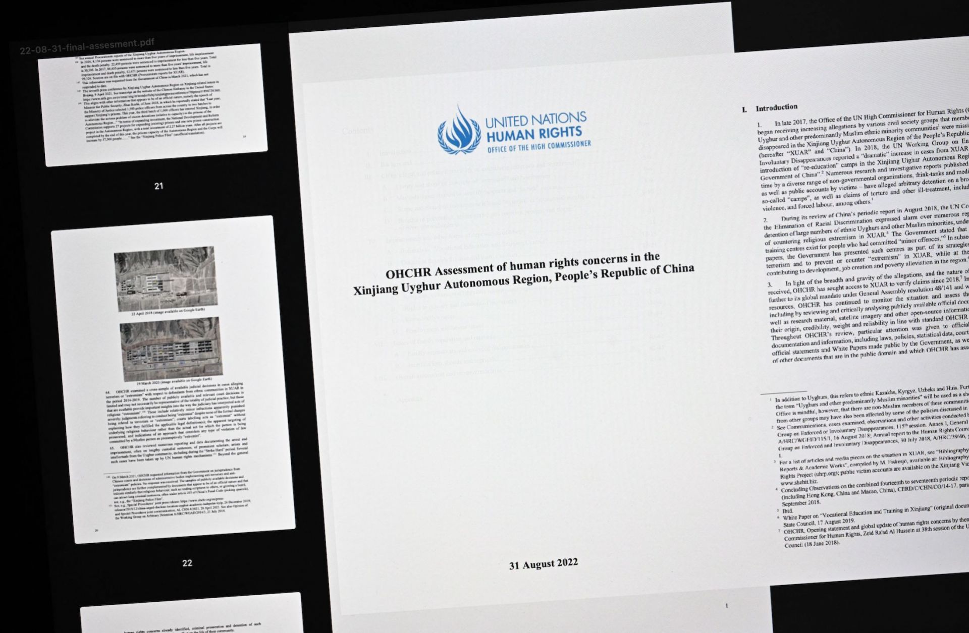 Pages of the long-delayed U.N. report on human rights abuses in China's Xinjiang region are seen on a computer screen on Sept. 1, 2022.