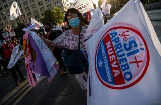 People take part in a rally in support of amending the Chilean constitution in Santiago, Chile, on Oct. 22, 2020.