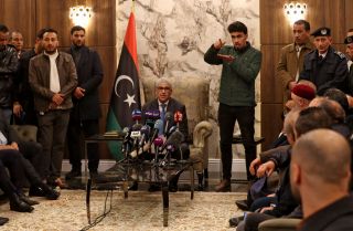 Fathi Bashagha delivers a speech in Tripoli, Libya, after east-based lawmakers named him as the head of a new interim government on Feb. 10, 2022.