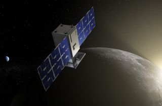 An artist's rendering of NASA Capstone, which will be the first spacecraft to test the so-called near-rectilinear halo orbit around the moon.