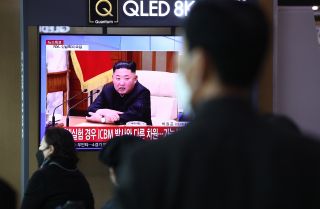 A TV at the Seoul Railway Station on March 24, 2022, in Seoul, South Korea, shows a file image of preparations for a North Korean missile launch. The launch will likely trigger a reaction from Seoul that could lead to new South Korean tensions with China and improved South Korean ties with Japan. A TV at the Seoul Railway Station on March 24, 2022, in Seoul, South Korea, shows a file image of preparations for a North Korean missile launch.