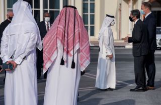 U.S. Secretary of State Antony Blinken speaks with Qatari government officials before boarding an aircraft in Doha on Sept. 8, 2021. U.S. Secretary of State Antony Blinken speaks with Qatari government officials before boarding an aircraft in Doha on Sept. 8, 2021.