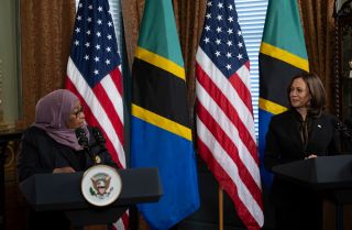 U.S. Vice President Kamala Harris listens to Tanzania's President Samia Suluhu Hassan make a statement to the press before a meeting in the Eisenhower Executive Office Building on April 15, in Washington, D.C.
