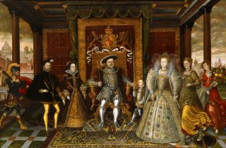 A photograph of "The Family of Henry VIII: An Allegory of the Tudor Succession," a 16th century painting attributed to Lucas de Heere.
