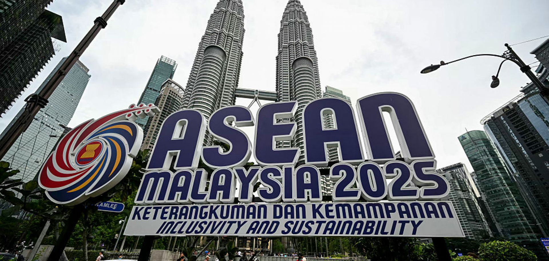 The ASEAN logo May 15 in front of the Petronas Towers in Kuala Lumpur, Malaysia.
