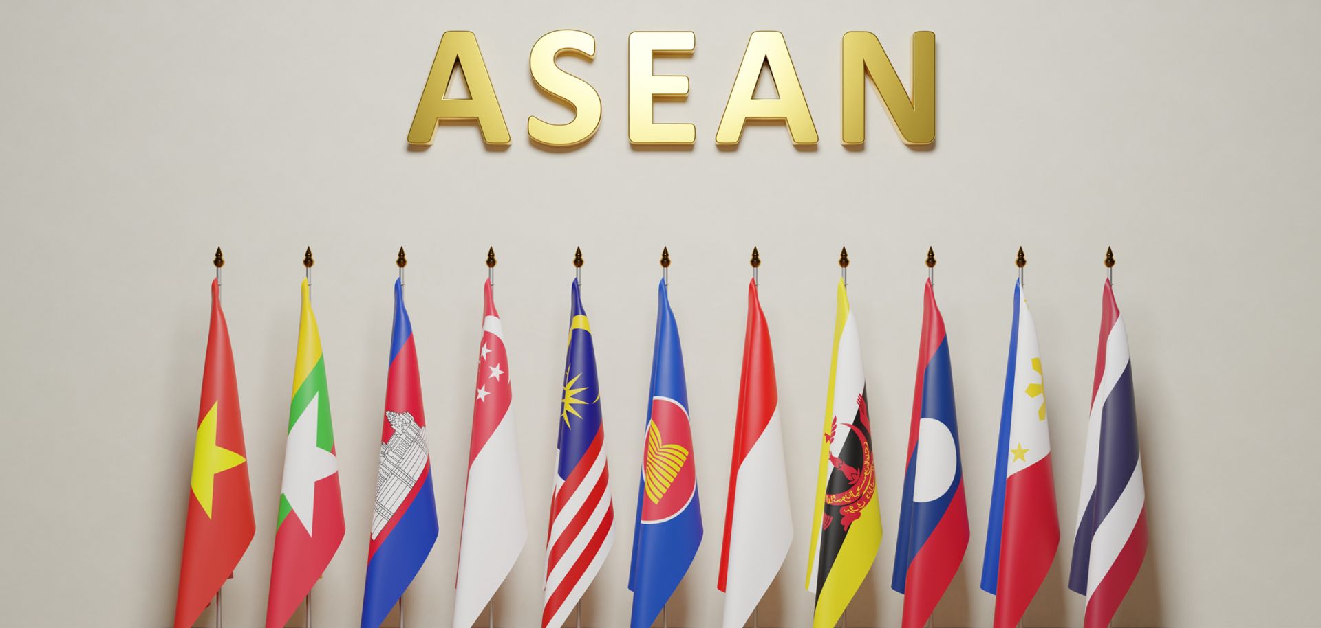 The flags of the countries in the Association of Southeast Asian Nations, or ASEAN, are seen on display.