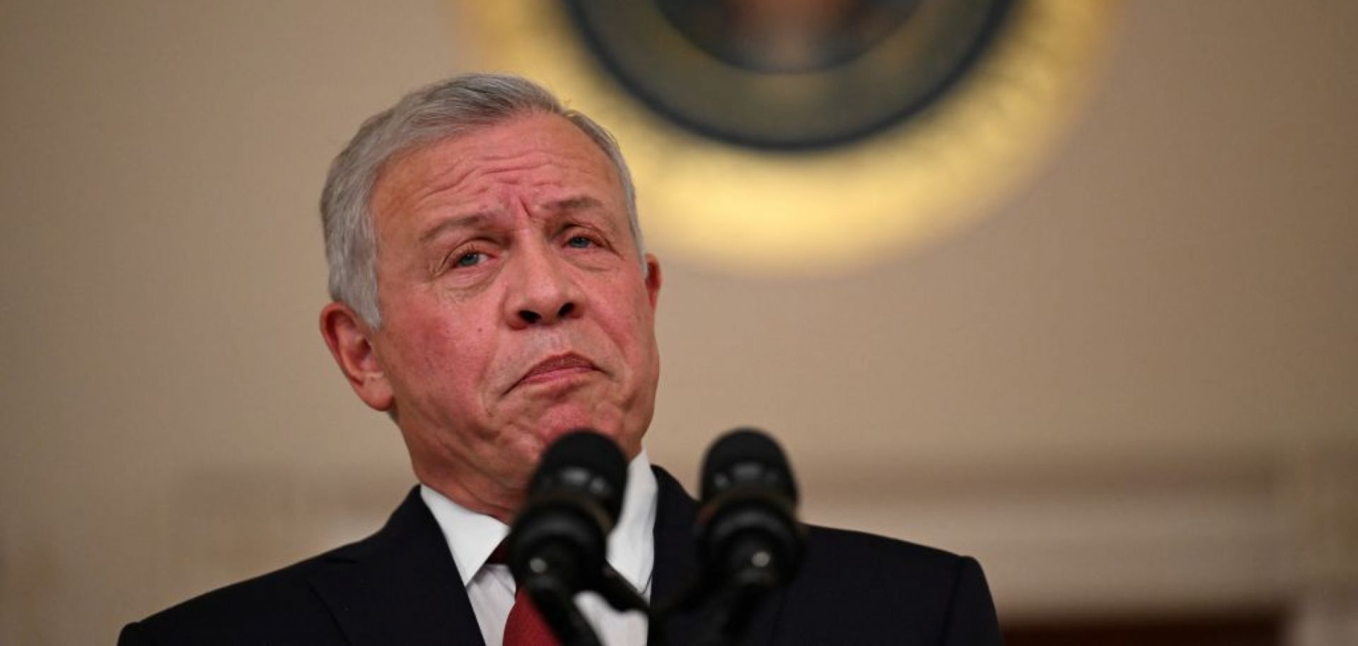 Jordan's King Abdullah II speaks to the press in the Cross Hall of the White House in Washington, D.C., on Feb. 12, 2024.