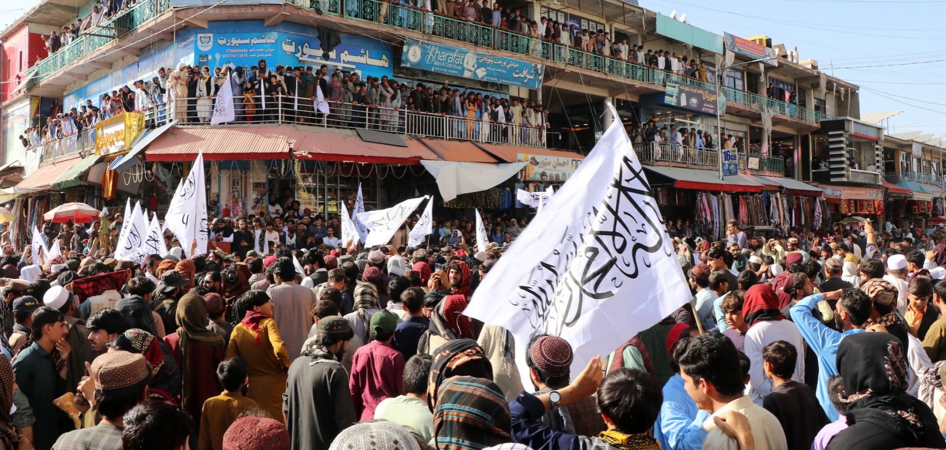 Afghan men gather in support of the Taliban government during a rally in Khost, Afghanistan, on Oct. 13, 2025, amid heavy cross-border clashes with Pakistan.