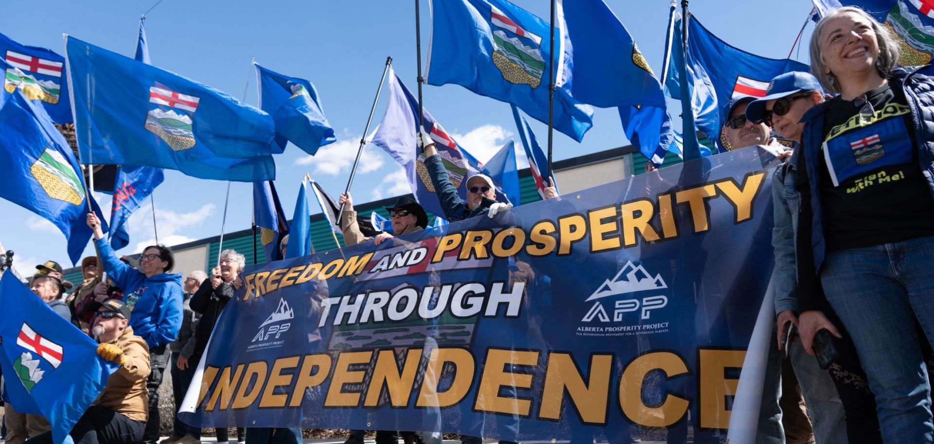 Alberta separatists gather during a rally in front of the Elections Alberta headquarters in Edmonton, Canada, on May 4, 2026.