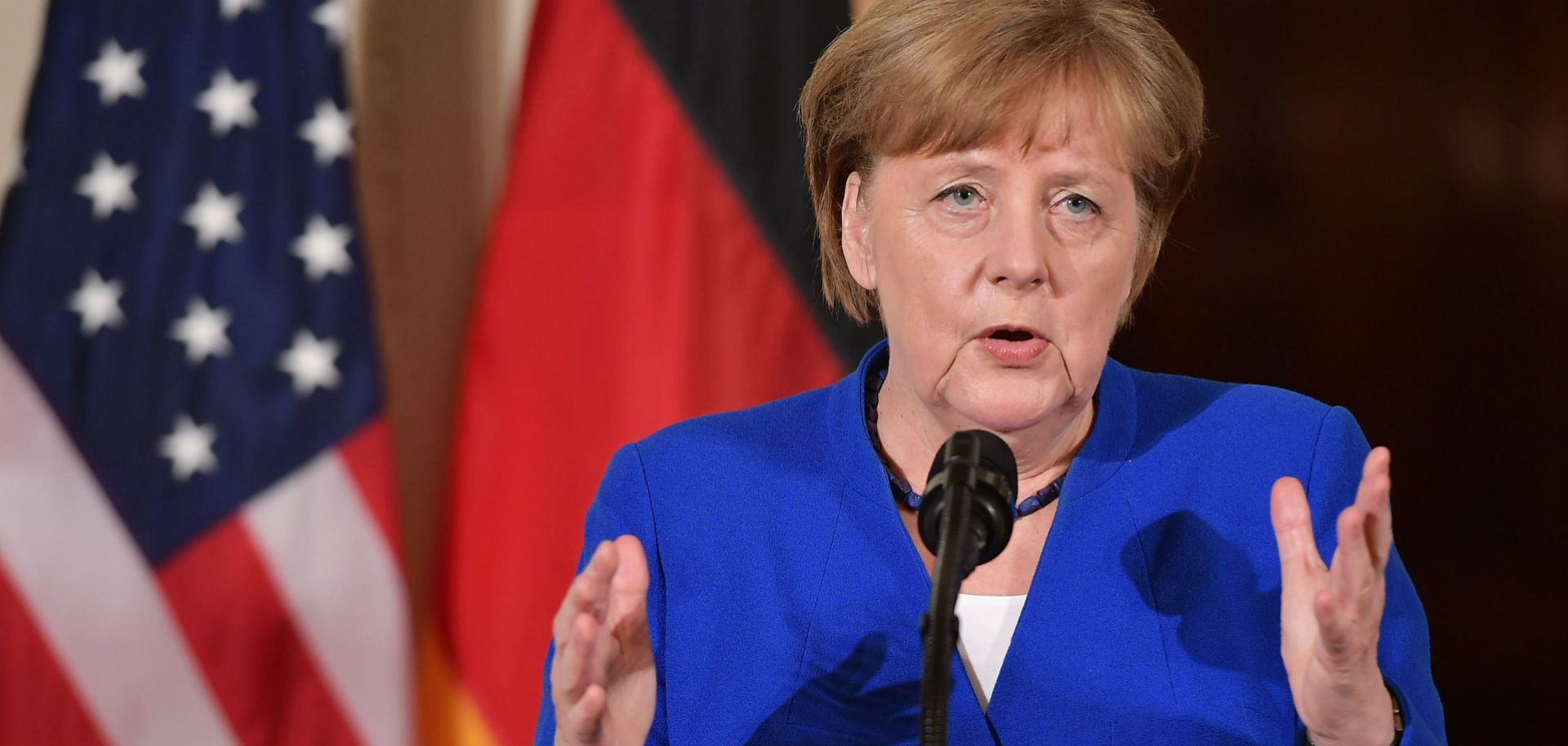German Chancellor Angela Merkel speaks during a joint press conference at the White House on April 27, 2018, in Washington, D.C.