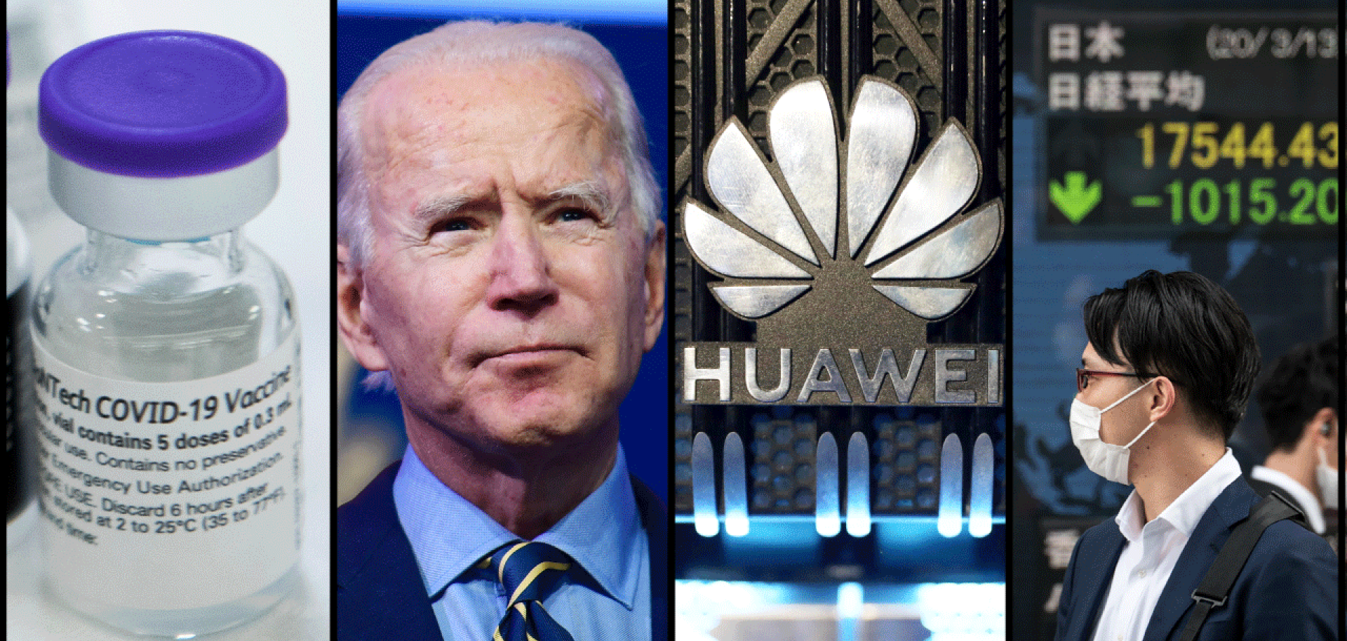 An image of the COVID-19 vaccine, President-elect Joe Biden, the Huawei logo, and a stock market sign