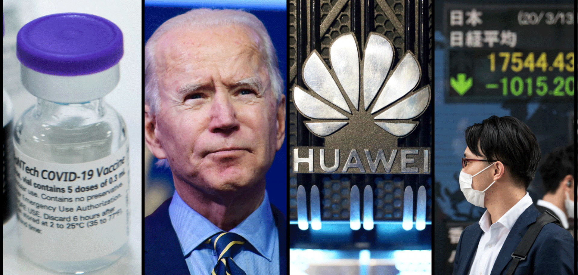 A compilation of four photos (from left to right) shows a COVID-19 vaccine, U.S. President Joe Biden, the logo of the Chinese telecommunications company Huawei, and a stock market sign.