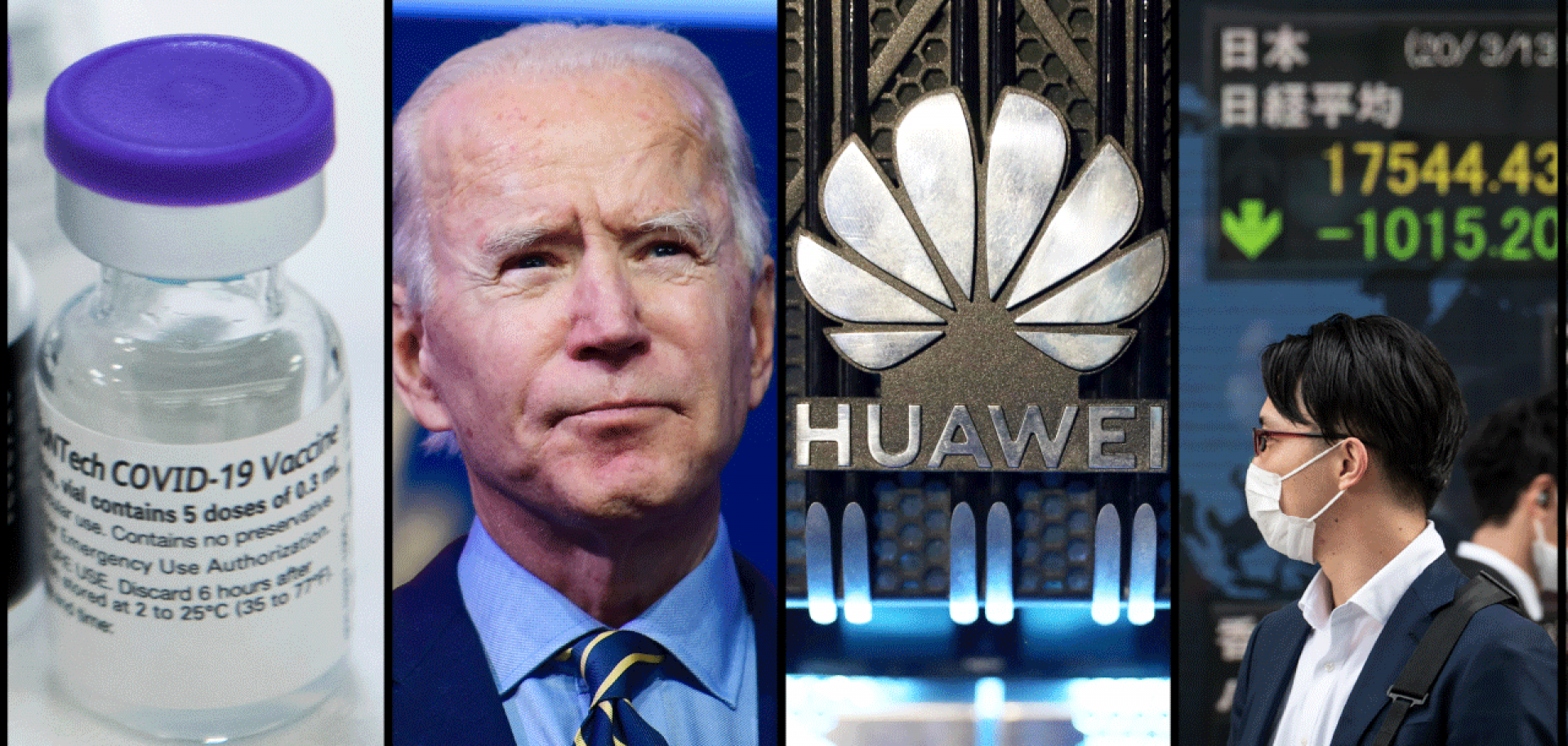 A compilation of four photos (from left to right) shows a COVID-19 vaccine, U.S. President Joe Biden, the logo of the Chinese telecommunications company Huawei, and a stock market sign. 