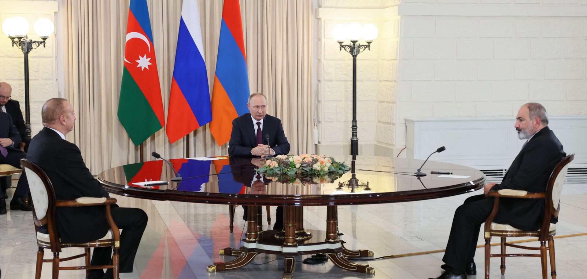 Russian President Vladimir Putin (C), Armenian Prime Minister Nikol Pashinyan (R) and Azerbaijani President Ilham Aliyev hold talks Oct. 31, 2022, in Sochi, Russia.