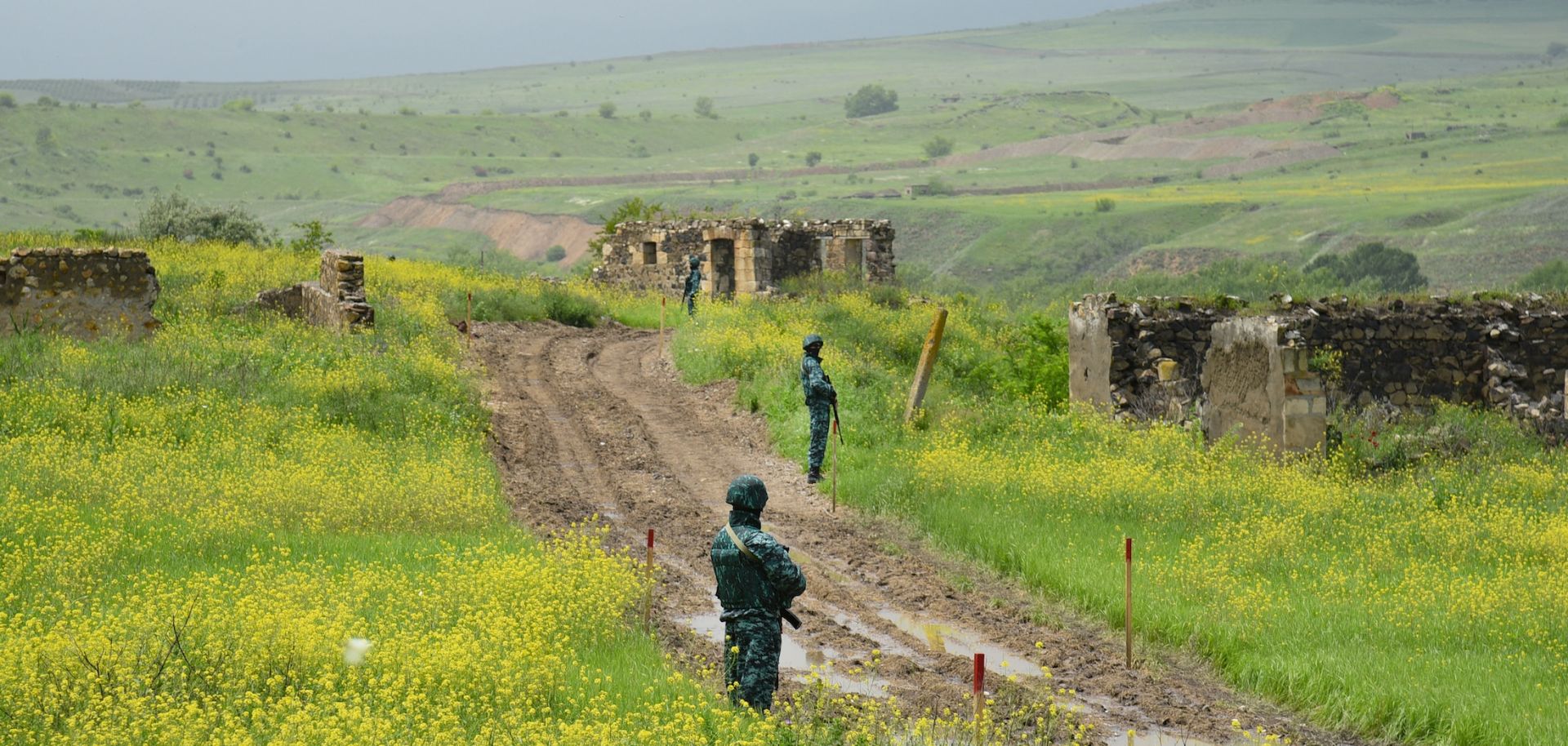 Azerbaijan's border guards are seen in Ghizilhajili, a village thar Armenia recently returned to Azerbaijani control under border demarcation deal between the Caucasus rivals.