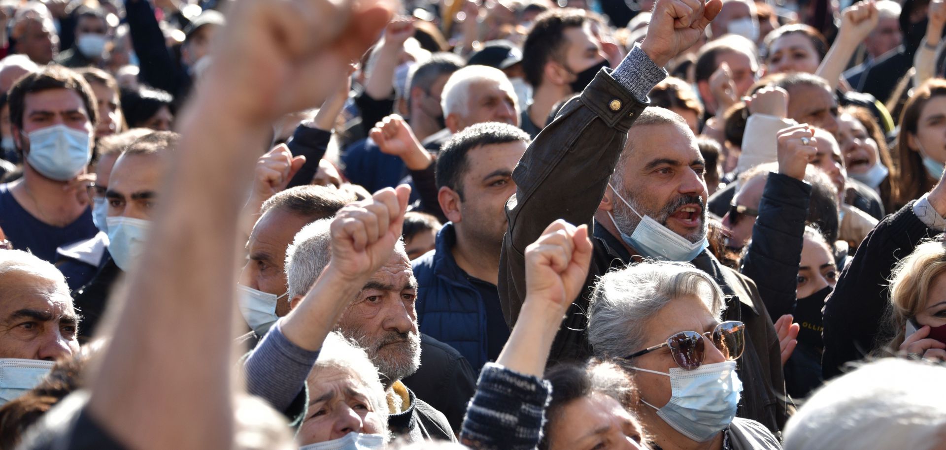 A protest against the country's agreement to end fighting with Azerbaijan over the disputed Nagorno-Karabakh region outside government headquarters on Nov. 11, 2020, in the Armenian capital of Yerevan.