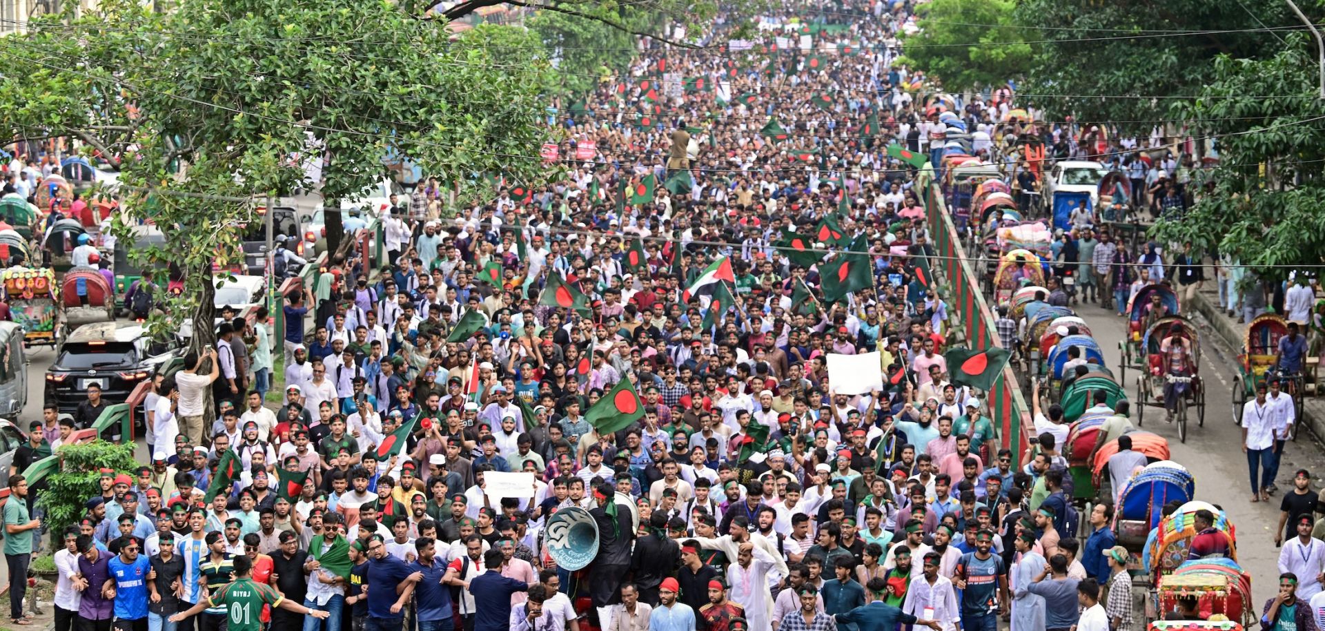 Demonstrators on Sept. 5 mark a month since the ouster of Prime Minister Sheikh Hasina in the Bangladeshi capital of Dhaka.