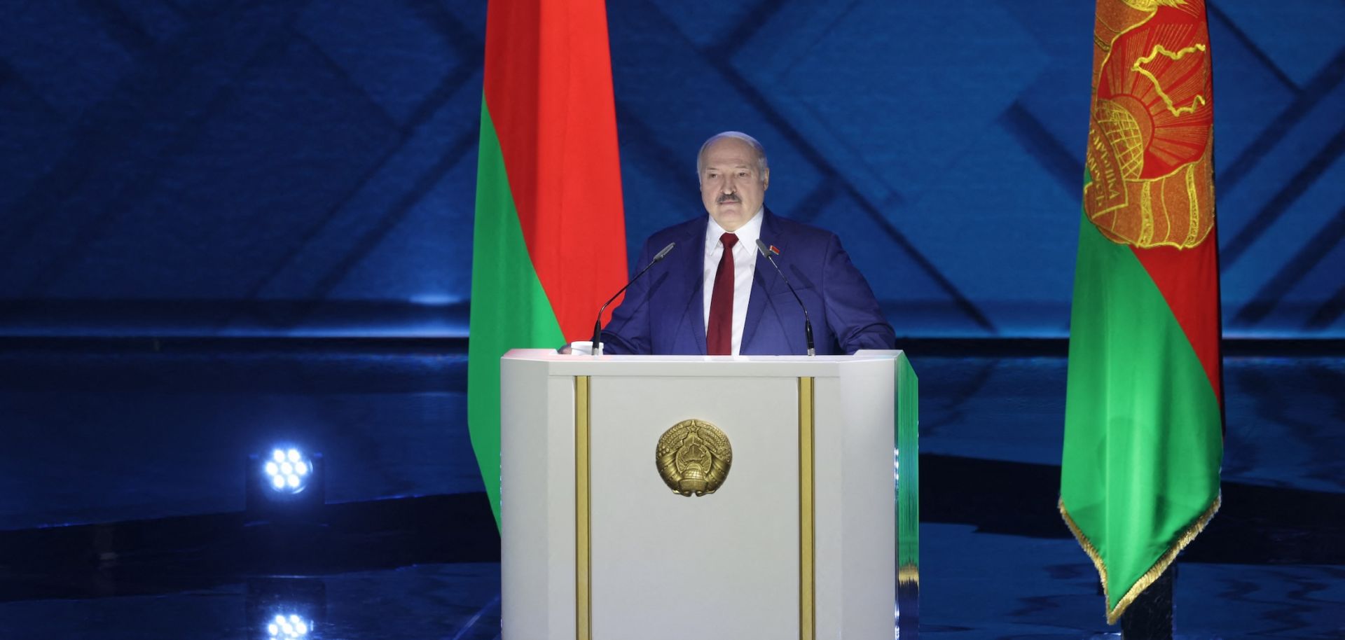 Belarus President Alexander Lukashenko gives a speech during his annual address to the Belarusian People and the National Assembly in Minsk on Jan. 28, 2022.