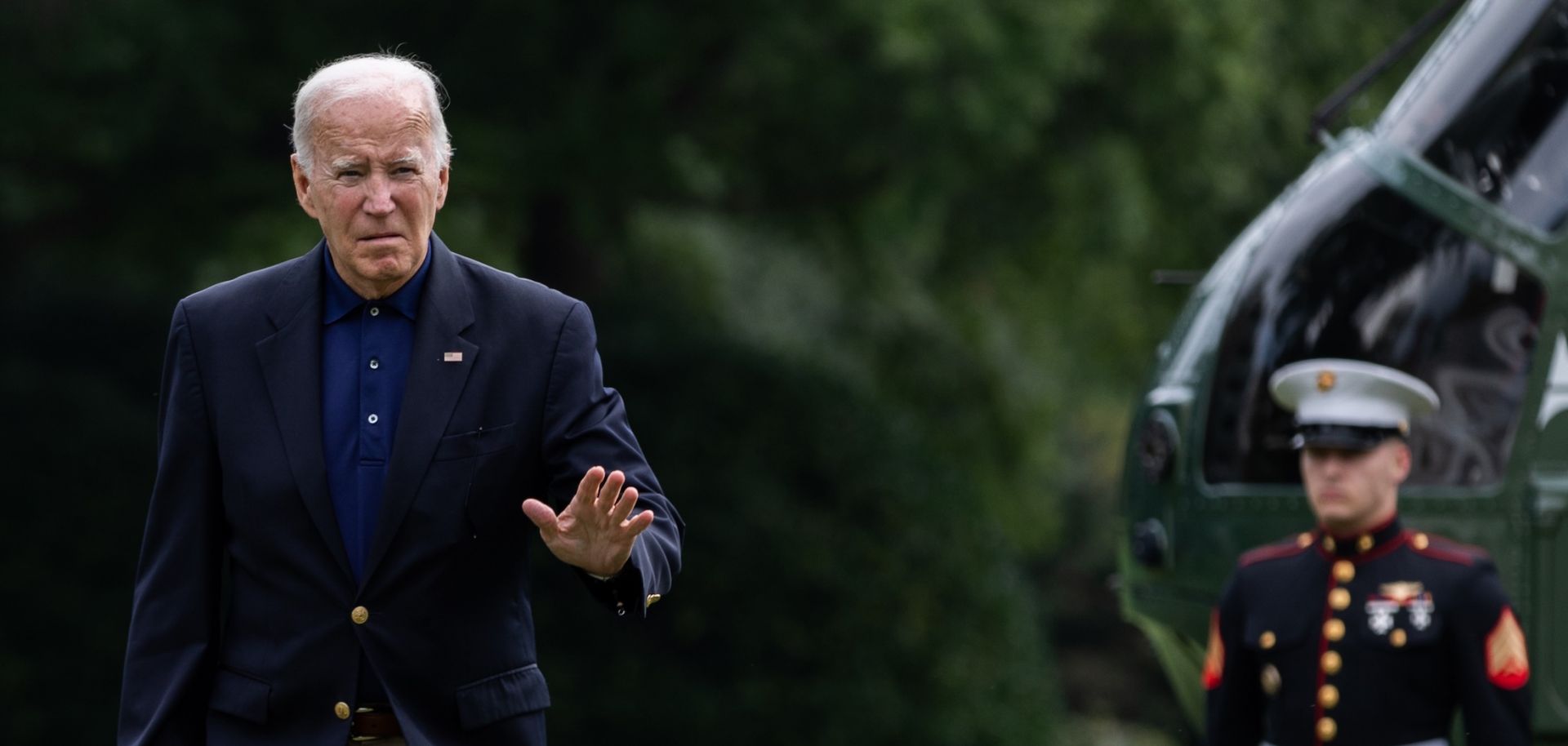 U.S. President Joe Biden gestures to reporters after landing on the South Lawn of the White House on Sept. 22, 2024, in Washington, D.C. 