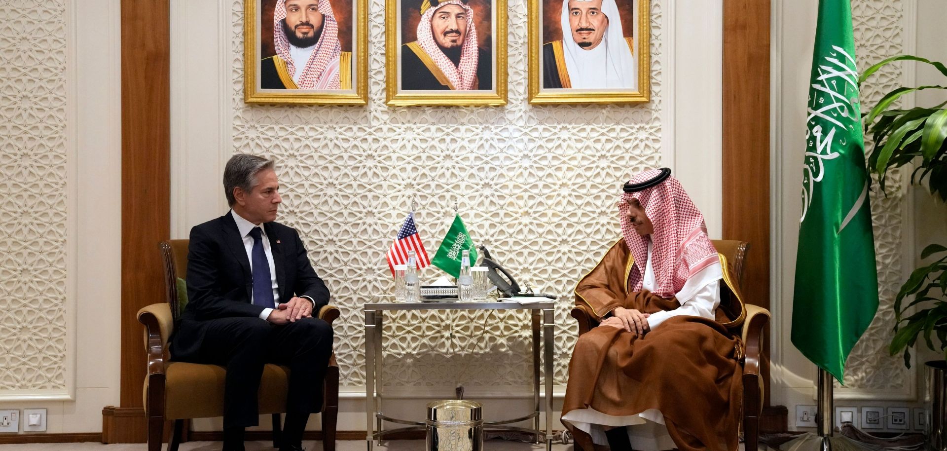 U..S Secretary of State Antony Blinken (L) meets with Saudi Foreign Minister Prince Faisal bin Farhan on Oct. 14, 2023, in Riyadh, Saudi Arabia.