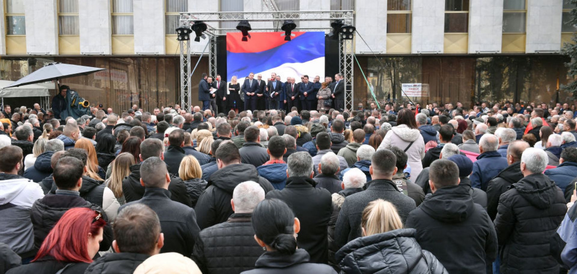 Supporters of Bosnian Serb separatist leader Milorad Dodik watch him speak in Banja Luka, Republika Srpska, on Feb. 26, 2025. 