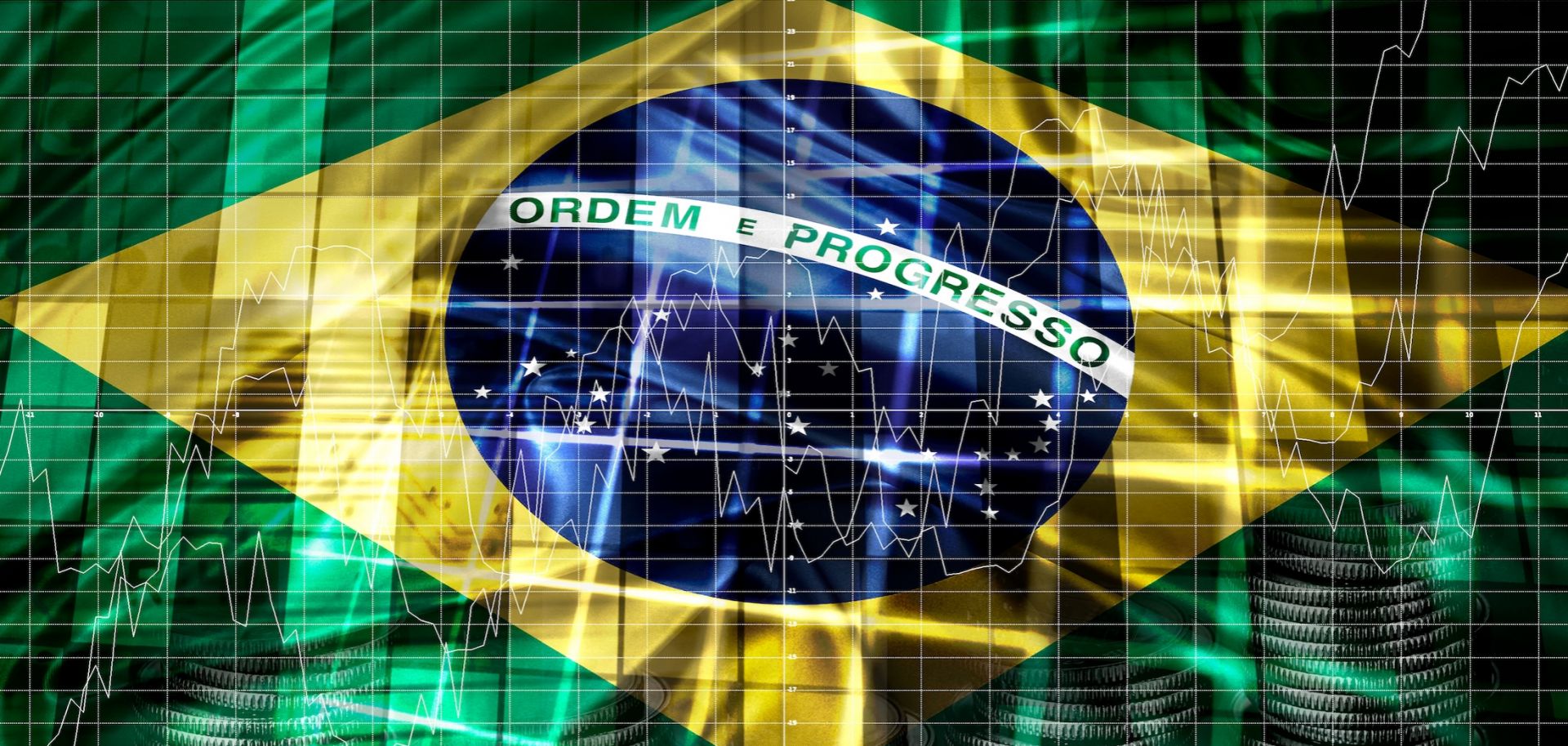 A digital illustration of the Brazilian flag with economic and financial indicators. 