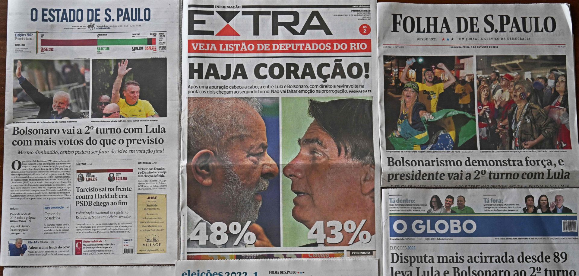 National newspapers report on the results of the legislative and presidential election, a day after the general vote in Brazil, on Oct. 3, 2022. 