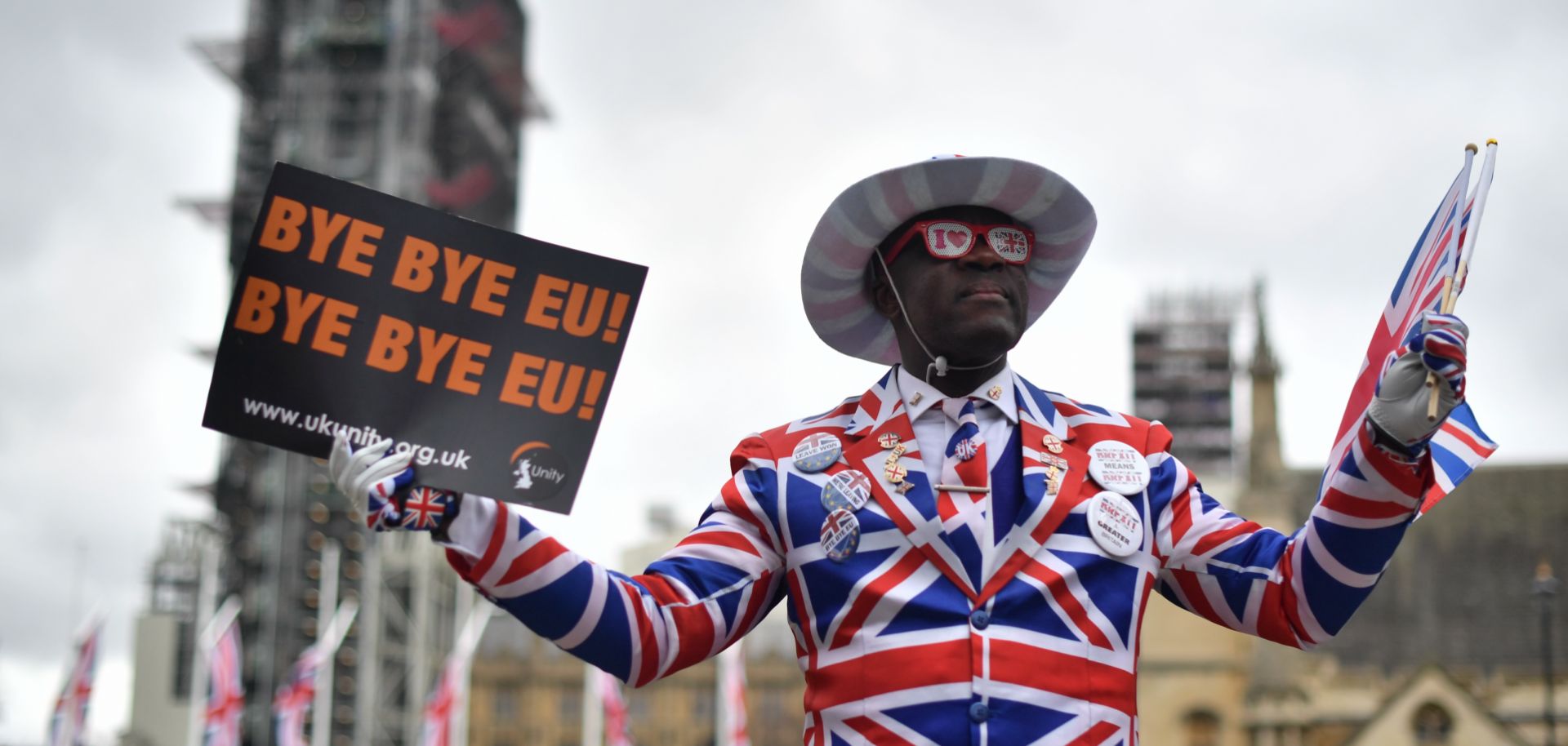 This photo shows Brexit supporter Joseph Afrane dressed up in London's Parliament Square to celebrate the impending departure of the United Kingdom from the European Union on Jan. 31.