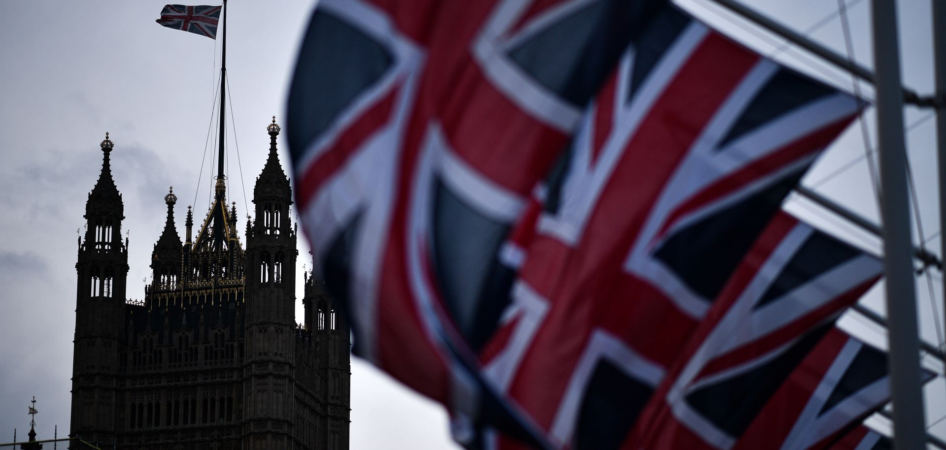British flags in parliament square on Feb. 1, 2020, in London.