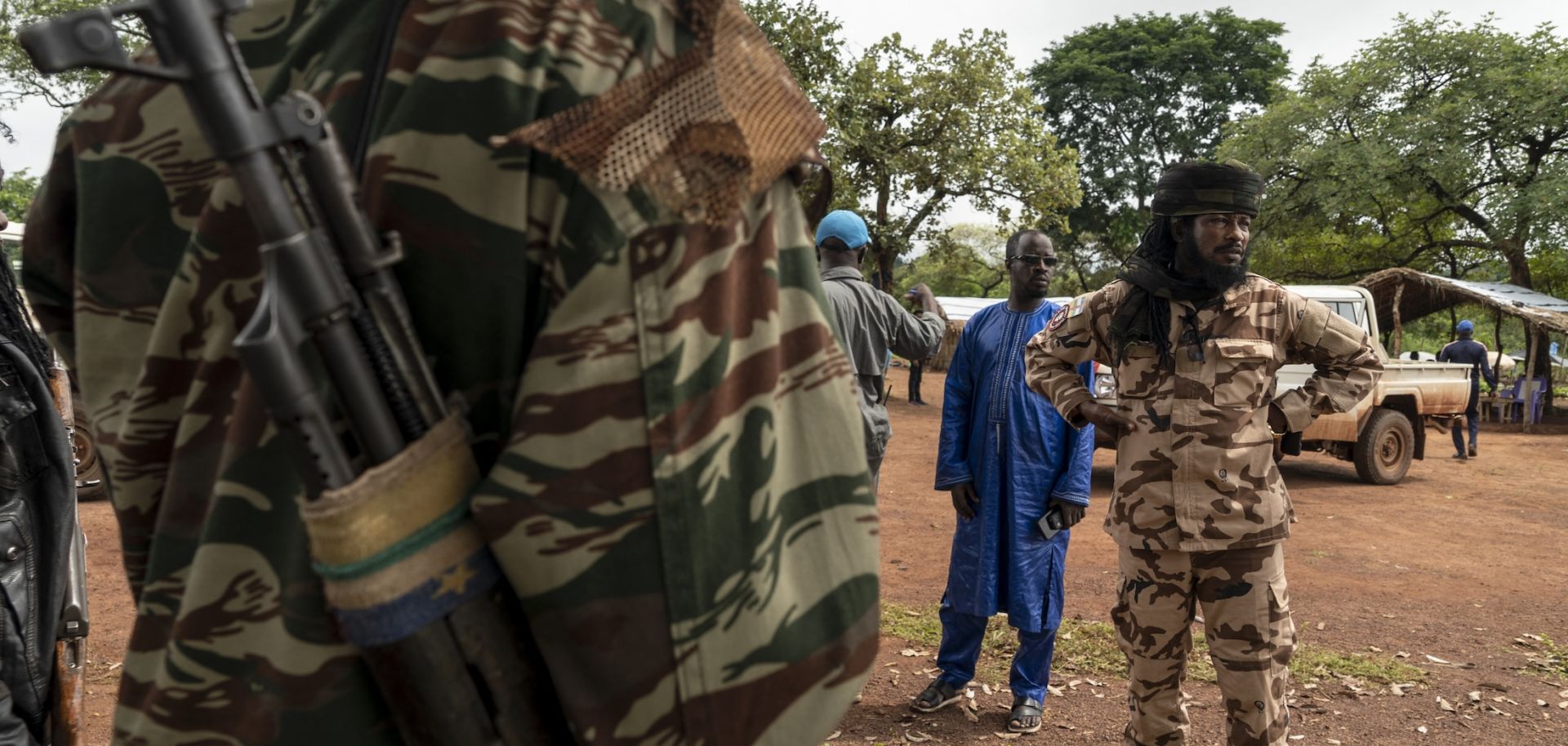 Members of the Unity for Peace in the Central African Republic (UPC) rebel group gather at the DDR (disarmament, demobilization and reintegration) site in Maloum, the Central African Republic, on July 24. 2025.