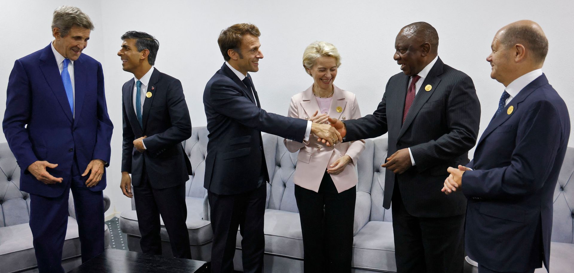 (From left to right) U.S. Special Presidential Envoy for Climate John Kerry, U.K. Prime Minister Rishi Sunak, French President Emmanuel Macron, European Commission President Ursula von der Leyen, South African President Cyril Ramaphosa and German Chancellor Olaf Scholz meet on the sidelines of the COP27 climate summit in Egypt on Nov. 7, 2022.
