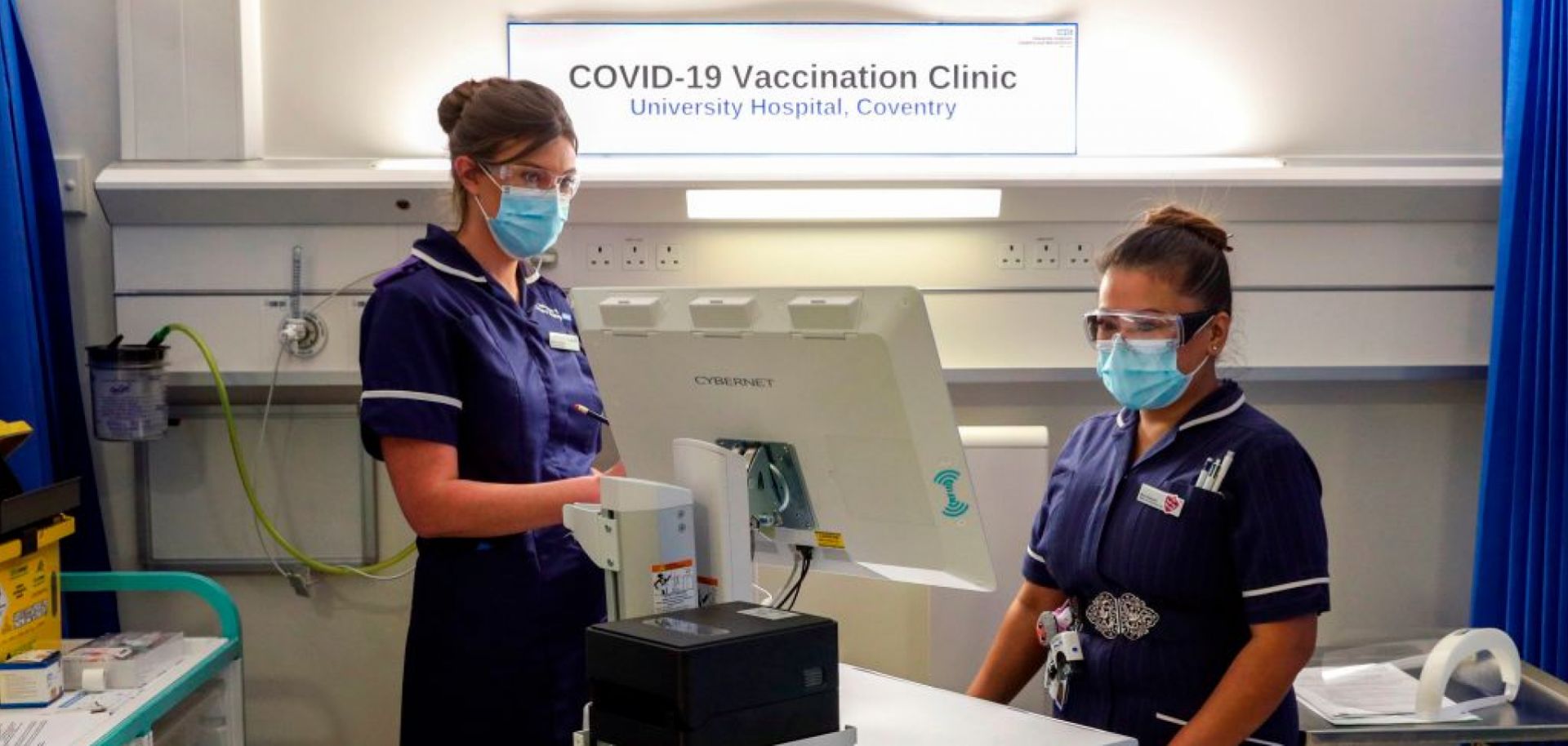 Nurses train in the COVID-19 Vaccination Clinic at the University Hospital in Coventry, England, on Dec. 4, 2020, prior to the beginning of the actual vaccination campaign.