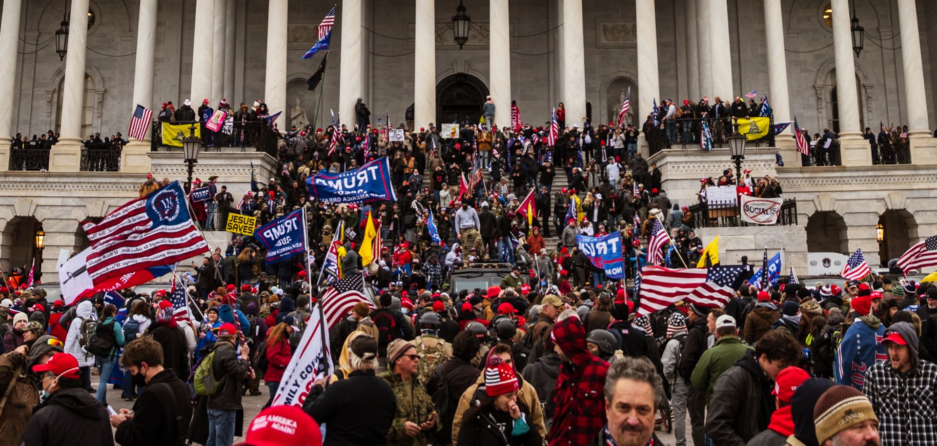 A large group of pro-Trump protesters stands on the steps of the U.S. Capitol after storming the building’s grounds on Jan. 6, 2021, in Washington D.C. 