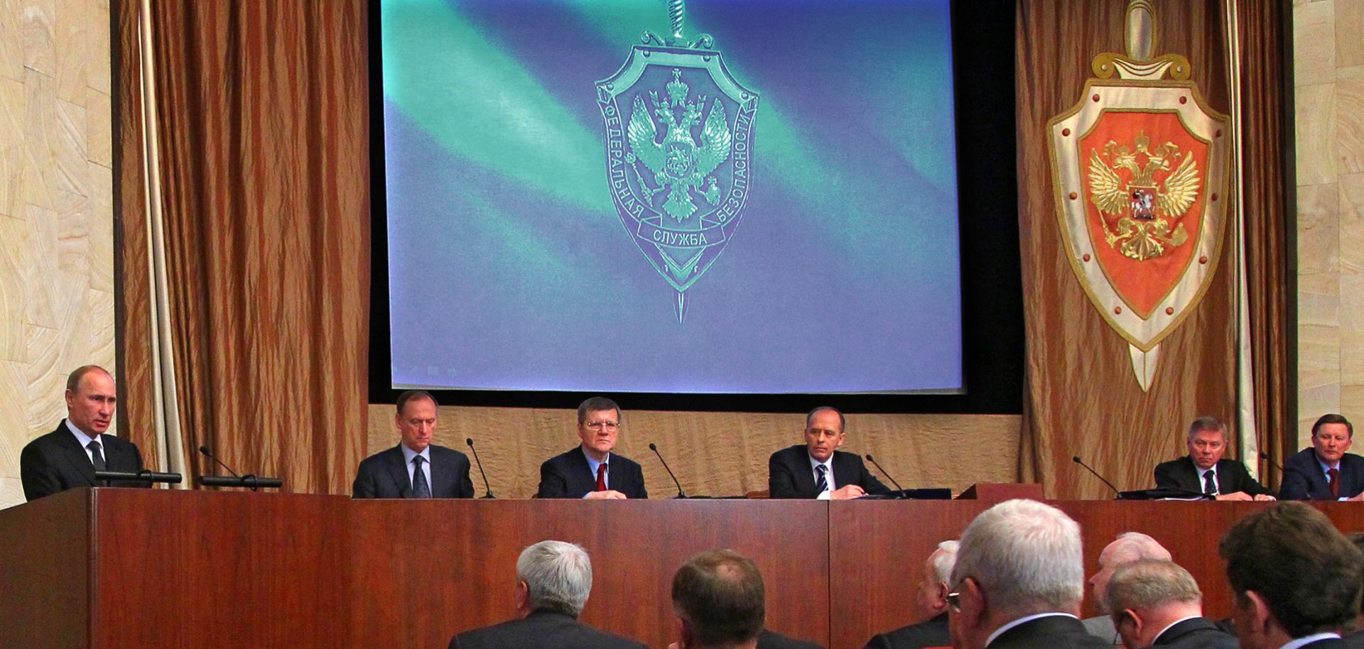 Russian President Vladimir Putin (left) addresses senior officers of the Federal Security Service during an annual meeting of top officials of the service in Moscow on Feb. 14, 2013. 