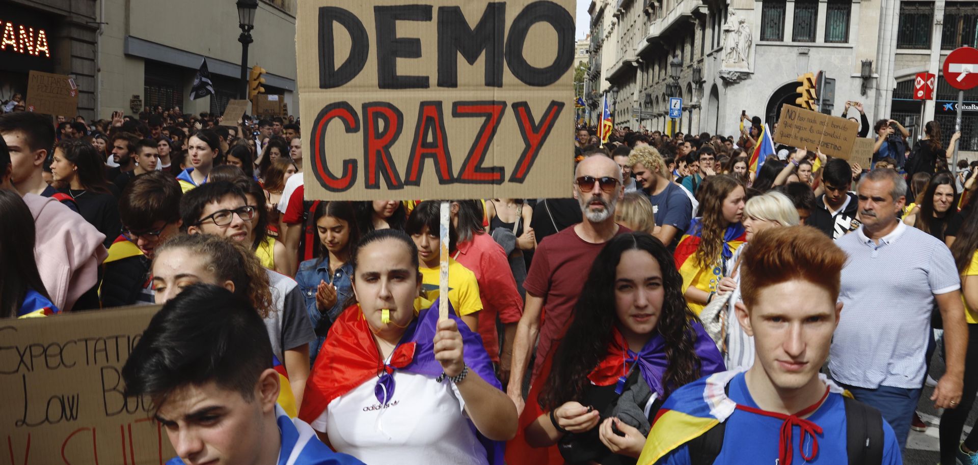 Protesters in the streets of the Spanish city of Barcelona on Oct. 18, 2019, demonstrate against the recent sentencing of separatist politicians.