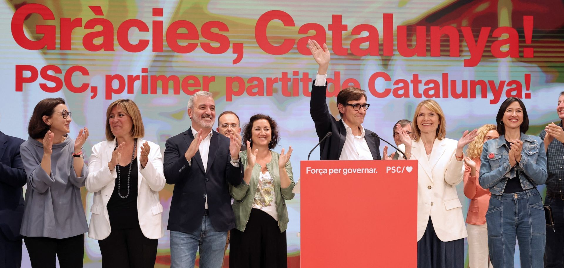 PSC candidate Salvador Illa waves following Catalonia's regional elections May 12 in the Spanish city of Barcelona.
